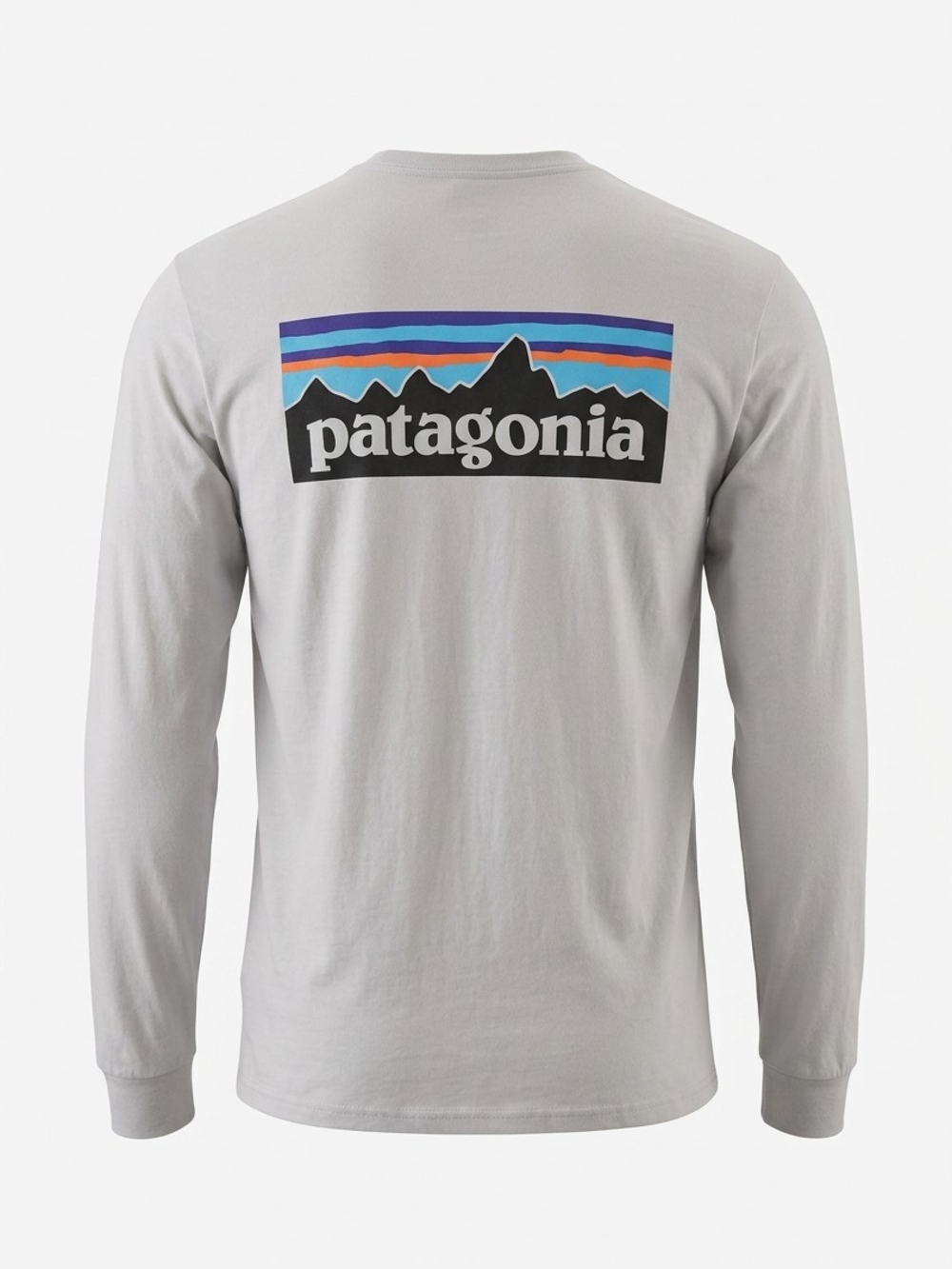 Patagonia Long-Sleeve Logo Tee — Light Gray with Multicolor Back Graphic. Size S